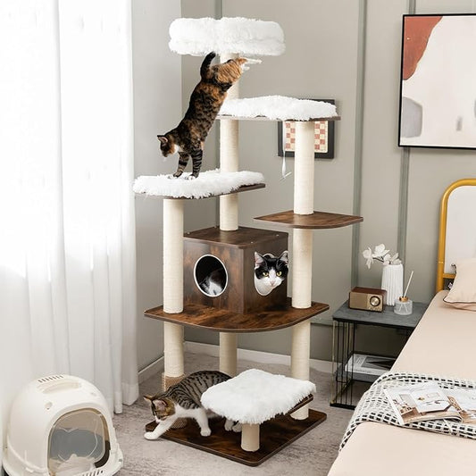 Tangkula Tall Cat Tree, 71-Inch Cat Tower with Multi-Layer Platform, Modern Wood Cat Tree with Sisal Scratching Posts, Self Groomer, Cat Condo, Washable Cushions for Large Cats 20 lbs Heavy Duty