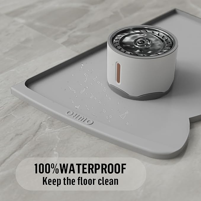 OHMO Dog Food Mat(Ash, 24 * 15'') w/Residue Collection Pocket Silicone Pet Feeding Mat for Floor High Edges Anti Spills Waterproof Cat Water Bowl Tray, Easy Clean Placemat