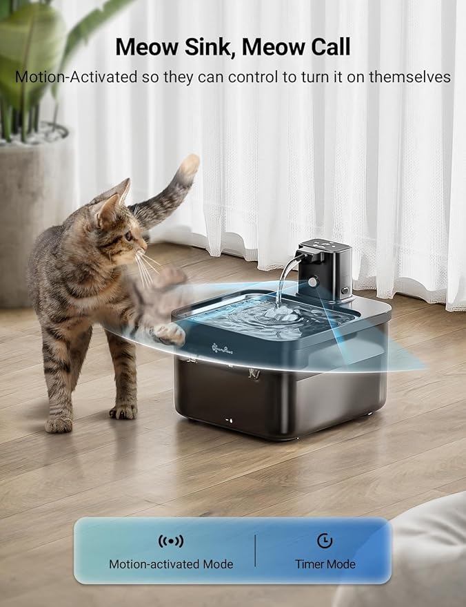 DownyPaws Cat Water Fountain Stainless Steel Cordless, 84oz/2.5L Fursink Wireless Pet Water Fountains for Cats Indoor, Battery Operated Cat Drinking Fountain, BPA-Free, Black with 6 Filters