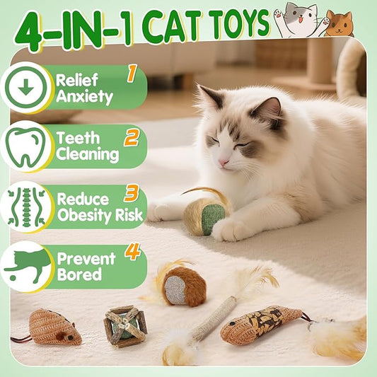 4 in 1 Relief Anxiety Catnip Cat Toys - 6 Styles Natural Silvervine Chew Toys for Teeth Cleaning, Reduce Obesity Risk, Cat Toy for Bored Indoor Adult Cats