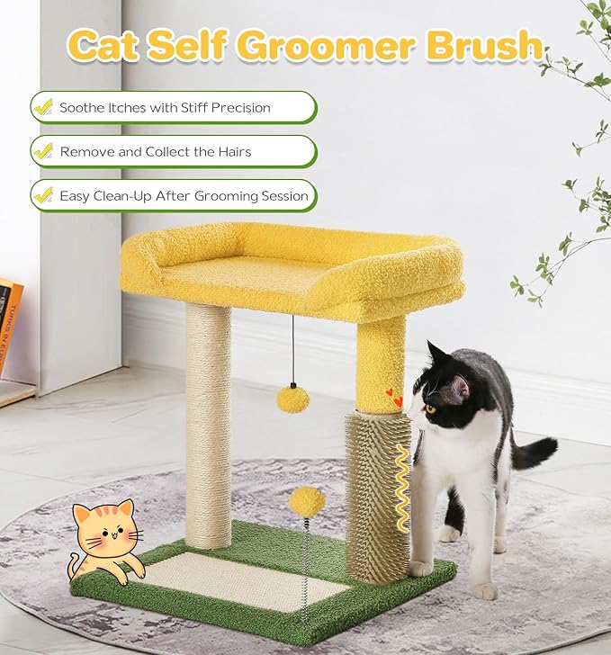 Made4Pets Small Cat Tree Tower, Cat Scratching Post 4-in-1 with Cat Self Groomer Brush, 20" Tall Natural Sisal Cat Scratcher, Soft Plush Cat Perch Bed with Dangling Ball for Indoor Kittens, Green