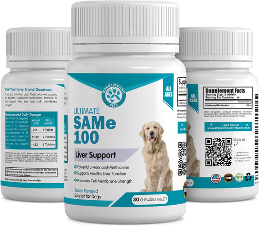 Wanderfound Pets Same 100 Liver Support for Dogs - Same S-Adenosyl-L-Methionine Hepatic Supplement for Liver & Brain Support - Bacon Flavored Sam E, Manufactured in The USA - 30 Chewable Tablets