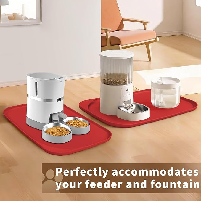 Silicone Pet Feeding Mat with Raised Edge & Residue Collection Pocket for Food and Water, Dog Bowl Mats, Cat Bowls Placemat with High Lip for Floor Waterproof, 22 x 14 x 0.8 Red