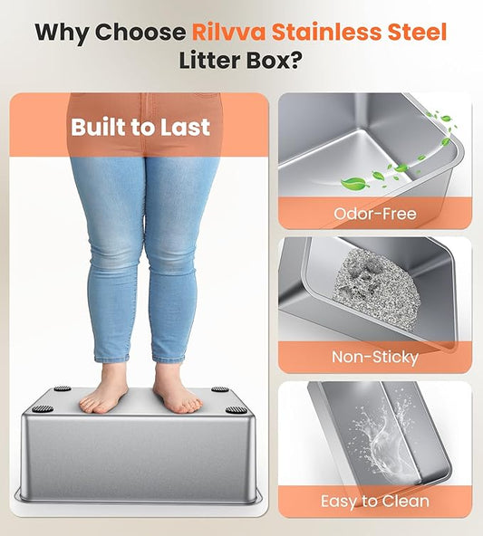 Stainless Steel Cat Box Dual Entrance XXL Large Litter Box for Cats, Covered Metal Kitty Litter Box with Flip Door, 16.6” High Wall& Litter Scoop, Gray 2 Pack