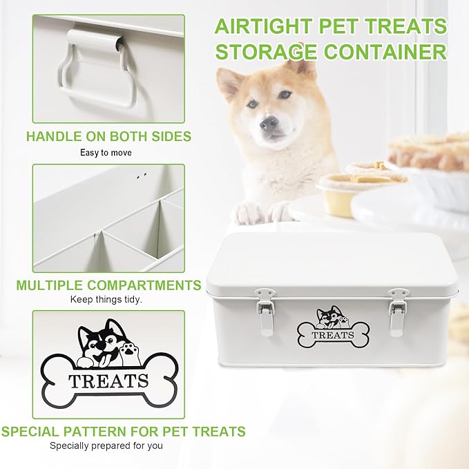 Metal Dog Treat Container,Dog Treats Storage Box with Lid,White Pet Food Bin with Dividers,Rectangular Dog Cat Treats Organizer,Ideal for Sort,Great Gift for Pet Owners