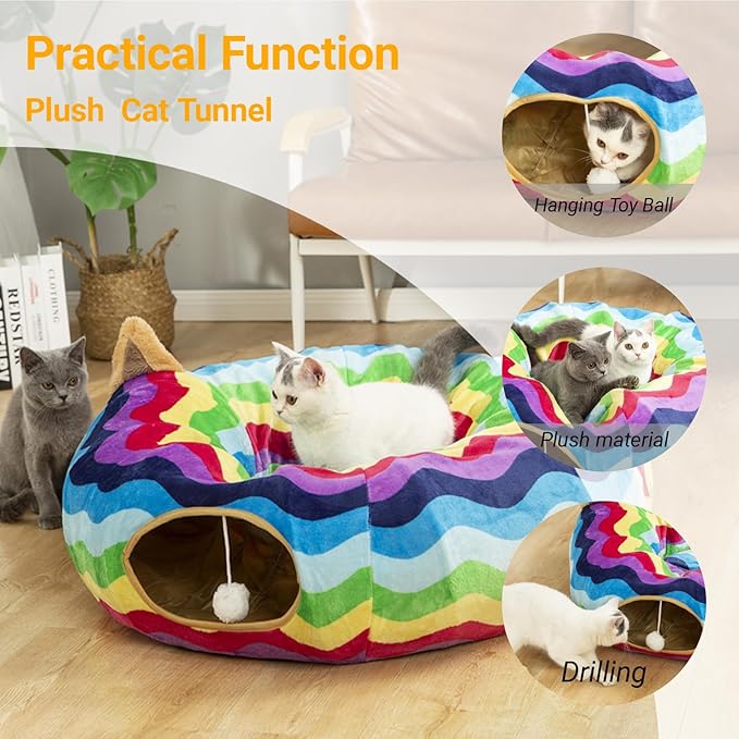 LUCKITTY Large Cat Tunnel Bed with Plush Cover,Fluffy Toy Balls, Small Cushion and Flexible Design- 10 inch Diameter, 3 ft Length- Great for Cats, and Small Dogs, Rainbow Wave Color