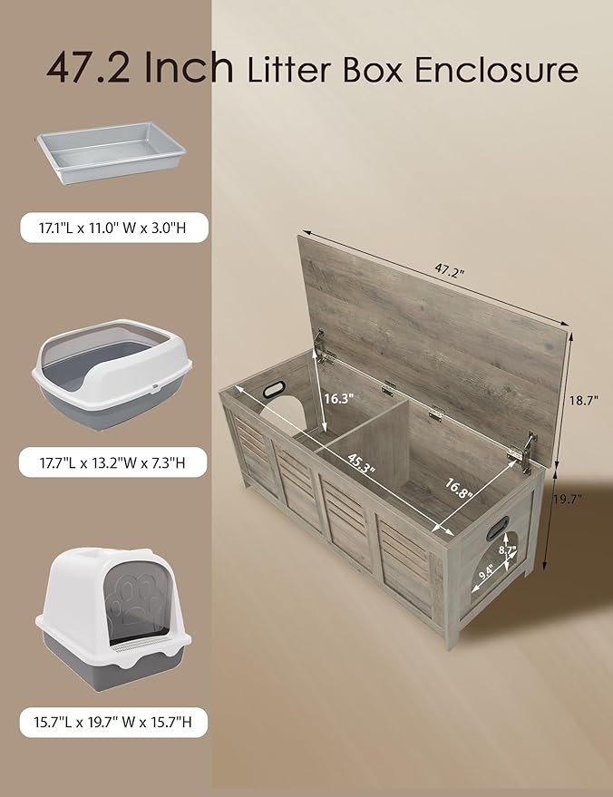 DINZI LVJ Litter Box Enclosure Furniture for 2 Cats, Top Opening Hidden Litter Box with Double Rooms, Dual Cat House with Good Ventilation, 47.2" Wooden Washroom, Cabinet, Gray Wash