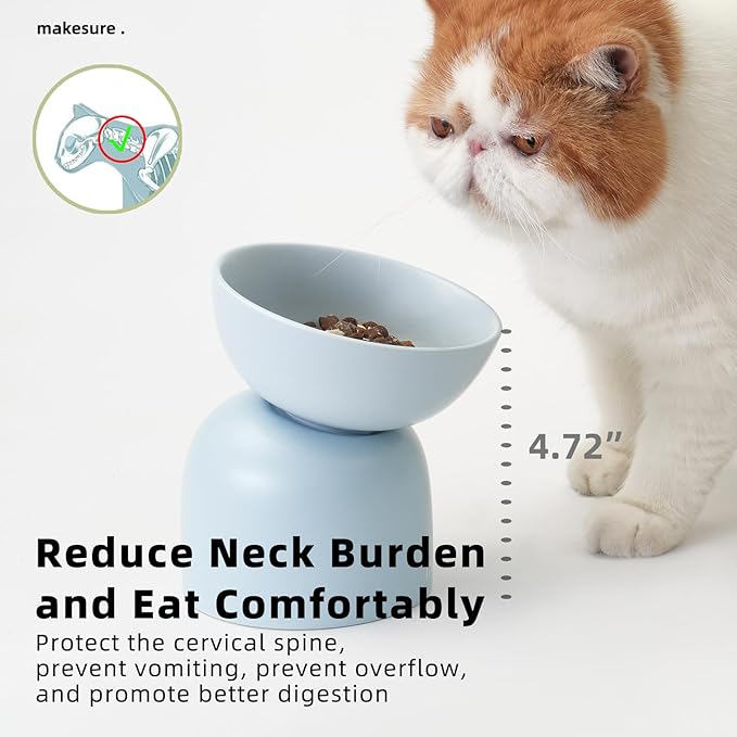 MS!MAKE SURE Cat Bowls, Ceramic Elevated Tilted Cat Bowls, Food and Water Bowls, Whisker Stress Free, 15°Tilted Backflow Prevention, Lead & Cadmium Free, 5.5" Wide, 270ML (9 oz), Blue