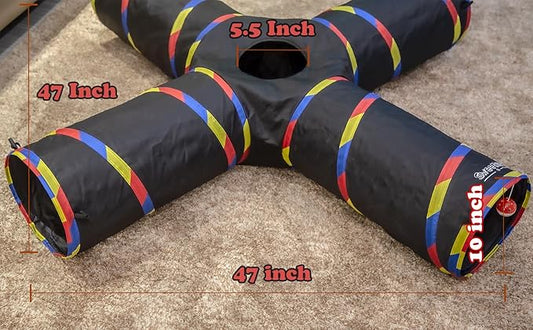 4 Way Large Cat Tunnels for Indoor Cats - 10" Diameter & 47" Long Play Tunnel Toy - Cat Tube with Play Ball & Mouse Toy - Interactive Peephole (Black)