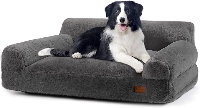 Dog Couch Bed - Cat Bed for Indoor Cats, Calming Pet Sofa Puppy Sleeping Bed with Removable Washable Cover, Cute Dog Couch and Lounge Chair for 45lbs Cats & Small Medium Dogs(Dark Grey)