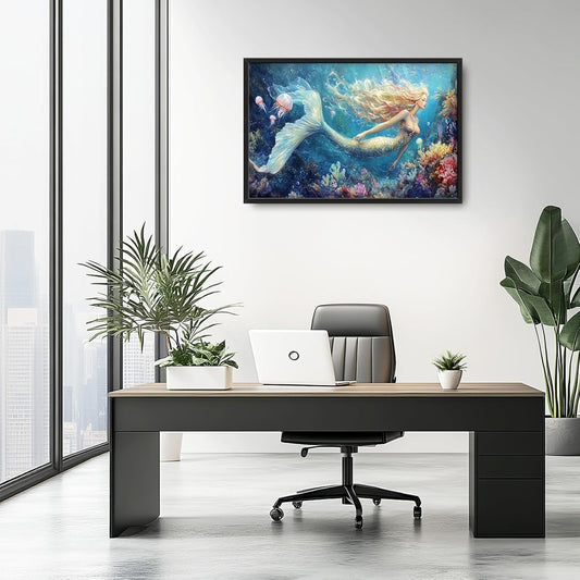 Extra Large Framed Mermaid Wall Art,Oversized Undersea Ocean Wall Decor,Colorful Coral Reefs Pictures for Living Room,Elegant Canvas Print Painting Modern Artwork Bedroom Bathroom 36L x 24W