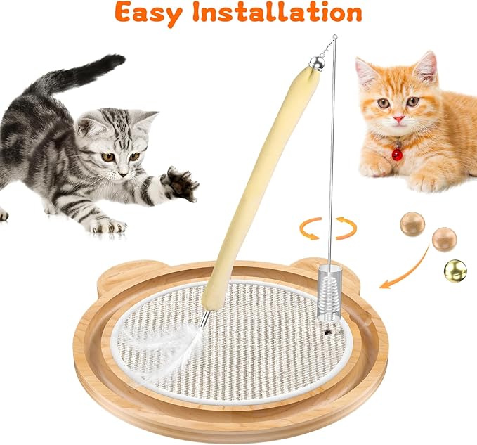 3-in-1 Cat Toys, Scratcher, Toys for Indoor Cats, Natural Sisal Scratching Board, Kitten Interactive with Ball Track & Retractable Wand Toy & Feather