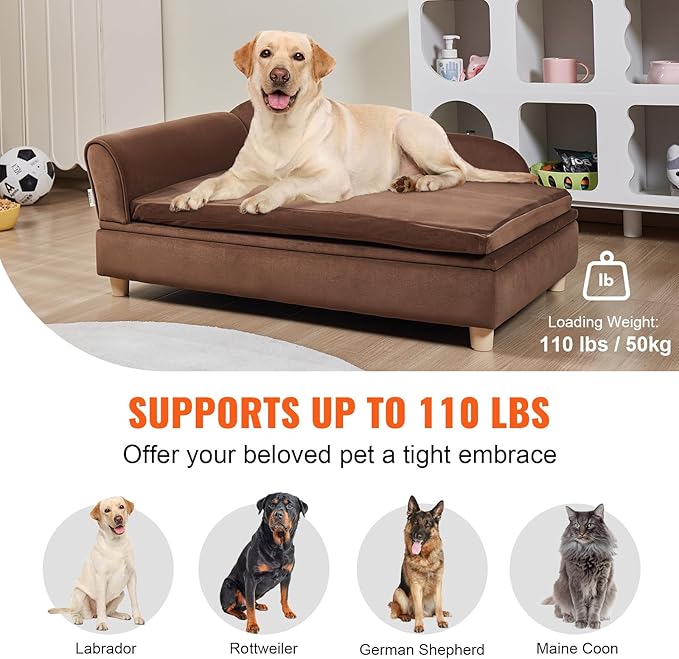 VEVOR Large Dog Couch Sofa Bed for Small Dogs and Cats, Soft Velvety Pet Sofa Bed, 60 lbs Loading Cat Sofa, Dark Brown
