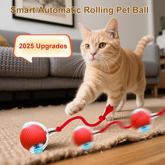 Interactive Cat Toy, 2025 New Interactive Rolling Cats Dog Toy Balls 360° Smart Automatic Rolling Pet Ball, Fast Moving Toy for Dog,Cat Ball Toy (Red)