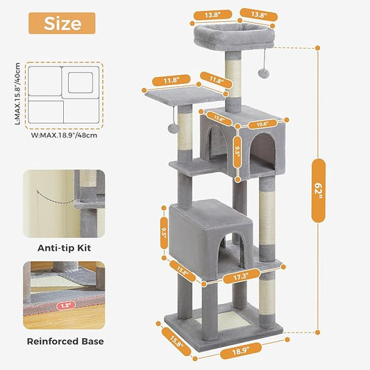 PAWZ Road Cat Tree Tower 62 Inches Cat Tree with 2 Condos,2 Large Perch,4 Scratching Posts & 1 Scratching Board, and 2 Hanging Balls for Indoor Cats-Grey