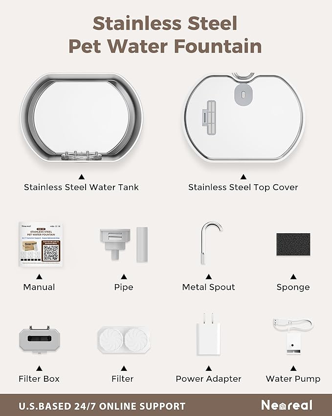 Cat Water Fountain Stainless Steel: 74oz/2.2L Cat Fountain for Drinking- Pet Water Fountain Inside - Automatic Dog Watering Dispenser Bowl - Pet Feeding & Watering Supplies - Water Level Window