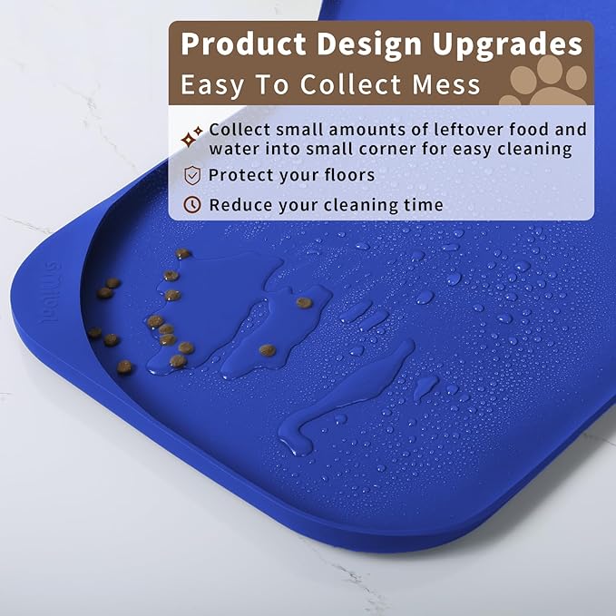Silicone Pet Feeding Mat with Raised Edge & Residue Collection Pocket for Food and Water, Dog Bowl Mats, Cat Bowls Placemat with High Lip for Floor Waterproof, 19 x 12 x 0.7 Navy Blue
