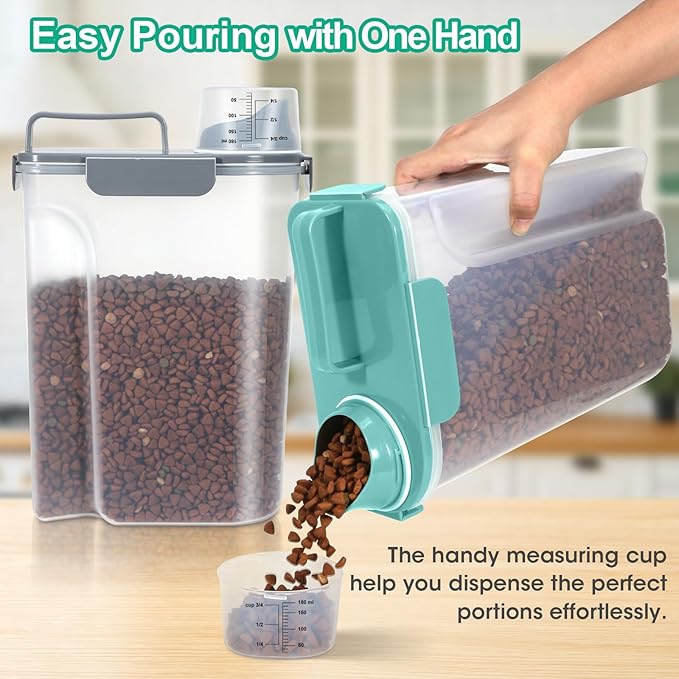 TBMax Pet Dog Cat Food Storage Containers 2 Pack 10 to 14 Lbs, Airtight Cat Food Dispenser with Large Spout & Portable Handle, Travel Dog Treat Storage Bin Bird Seed Container-Cyan+Dark