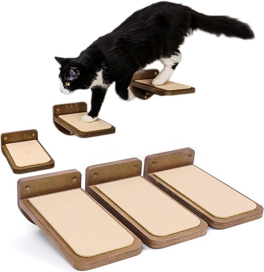 INICIO Cat Wall Stairs - Set of 3 Wall Steps for Cats to Climb with Fixtures, 9.3"x4.7" - Floating Steps for Climbing or Playing - for Kittens and Adult Cats, Dark Brown
