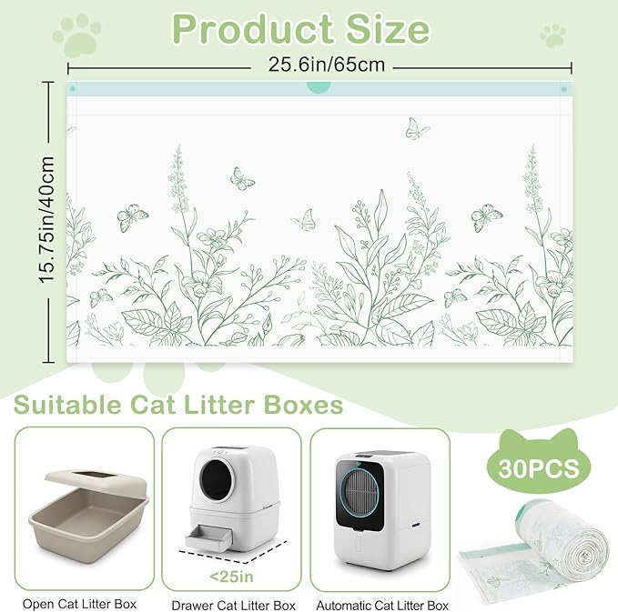 Glittme Cat Litter Box Liners, 30 Count Large Capacity Cat Litter Bags for Automatic Litter Robot 3/4, Thick Cats Kitty Litter Bags with Drawstring