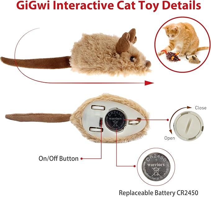 Gigwi Interactive Cat Toys for Indoor Cats, Cat Mouse Toys 2 Pcs with Electronic Realistic Squeaky Sound, Automatic Moving Kitten Toys Electric Mice Toy Self Play Exercise(Brown & Orange Ears)
