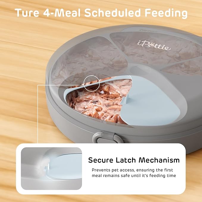 iPettie Zharko Four Meals Automatic Wet Food Feeder - True 4 Meal Design with Locking Lid, Smart Cat Timer Automatic Feeder for Wet Cat Food, Two Ice Packs, Easy to Clean & Portable Design