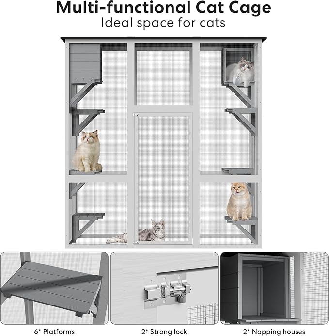 Catio Outdoor Cat Enclosure, Large Kitty House Cat Condo Playpen with Platforms & Living House for Mulitiple Cats with Waterproof Roof 71", White