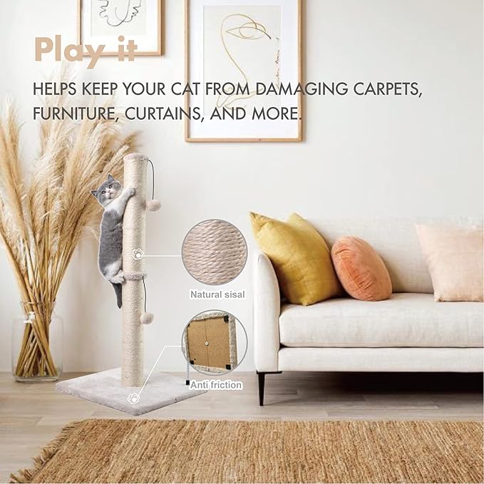 MECOOL 34” Tall Cat Scratching Post Premium Basics Kitten Scratcher Sisal Scratch Posts Trees with Hanging Ball for Indoor Cats, Beige