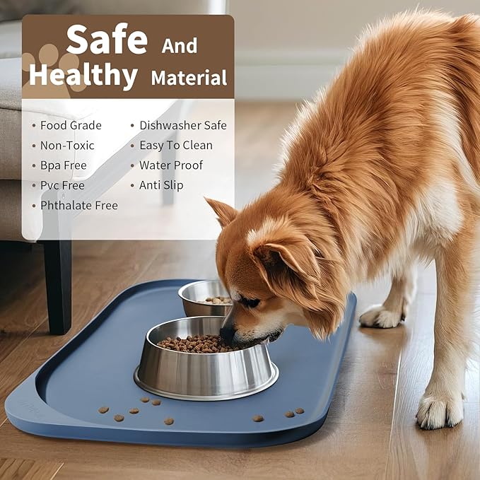 Silicone Pet Feeding Mat with Raised Edge & Residue Collection Pocket for Food and Water, Dog Bowl Mats, Cat Bowls Placemat with High Lip for Floor Waterproof, 24 x 16 x 0.8 Slate Blue