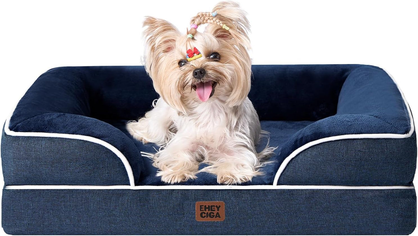 EHEYCIGA Orthopedic Dog Bed for Small Dogs, Waterproof Memory Foam Small Dog Beds with Sides, Non-Slip Bottom and Egg-Crate Foam Medium Pet Couch Bed with Washable Removable Cover, Navy
