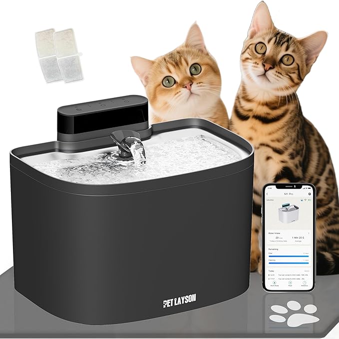 PET LAYSON Pumpless Cat Water Fountain,App Remote Control Smart Cordless Battery Operated 3.6L/122oz Wireless 2.4GHz Wi-Fi Networks Rechargeable Water Dispenser (Black, M1Pro-2 Filter)
