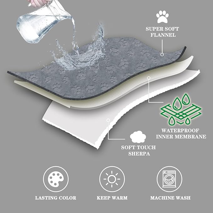 Qeils Dog Blankets for Small Dogs - Waterproof Cat Blanket Washable - Sherpa Fleece Puppy Blanket, Soft Plush Reversible Throw Protector for Bed Couch Car Sofa, 40"X50", Grey