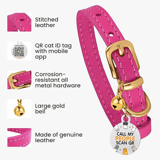 BRONZEDOG Leather Cat Collar with Removable Bells Non Breakaway Kitten QR Tag for Girl Boy (7" - 9" for Cats, Pink & Gold)