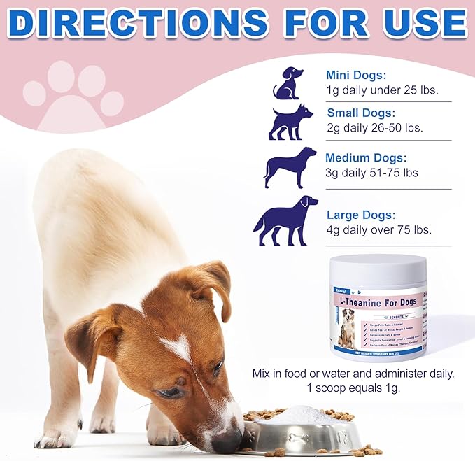 L-Theanine Supplement for Cats & Small Dogs – Helps Keep Pets Calm & Relaxed – for Small, Medium & Large Dogs & All Cats – 100g Powde