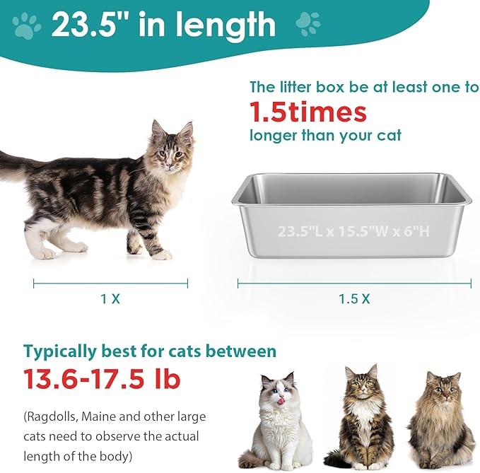 IKITCHEN Stainless Steel Cat Litter Box, Large Metal Litter Box for Cats, Never Absorbs Odors,Stain Free, Rustproof, Non Stick Smooth Surface 23.5" L x 15.5" W x 6" H