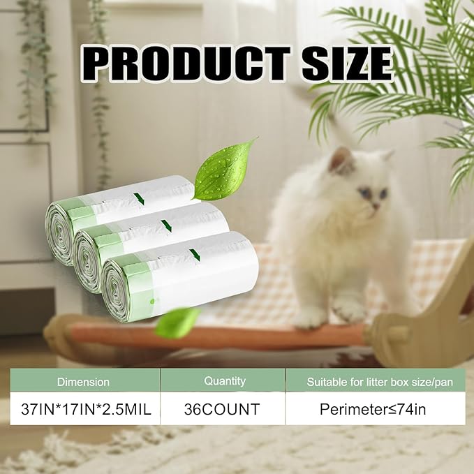Cat Litter Box Liners Disposal Bags 36 Count, with Tie Handles,Large,37" x 17" Jumbo Drawstring Extra Durable Pet Cat Pan Liners for litter box Extra-Thick Kitty Litter Box Bag