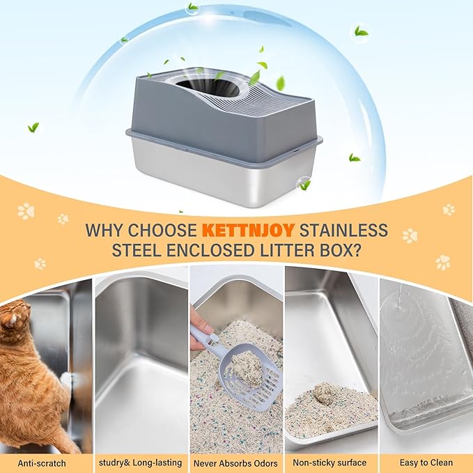Top Entry Cat Litter Box with Lid, Stainless Steel XXL Enclosed Cat Kitty Litterbox, Extra Large Metal High Side Litter Pan Tray Box Enclosure Easy Cleaning Anti-Leakage