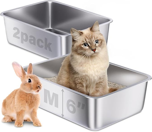 Stainless Steel Litter Box 2 Pack, 18"x14"x6" Medium Cat Litter Box Easy to Clean, Never Absorb Odor, Non Stick Metal Litterbox for Small to Medium Cats, Rabbits