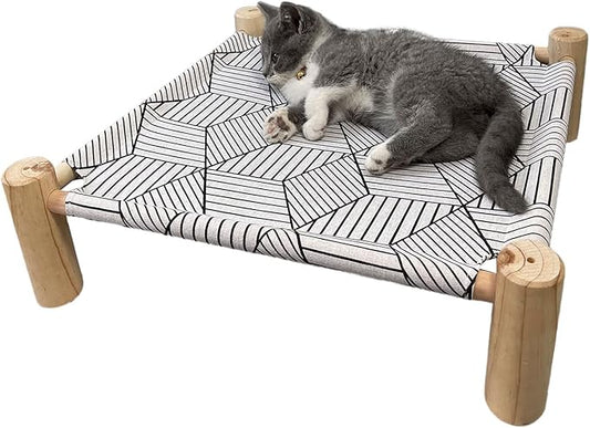 Pozico Cat/Dog Bed Hammock - Wooden Raised Indoor/Outdoor Beds - Breathable Mesh for Small Animals - White Diamond