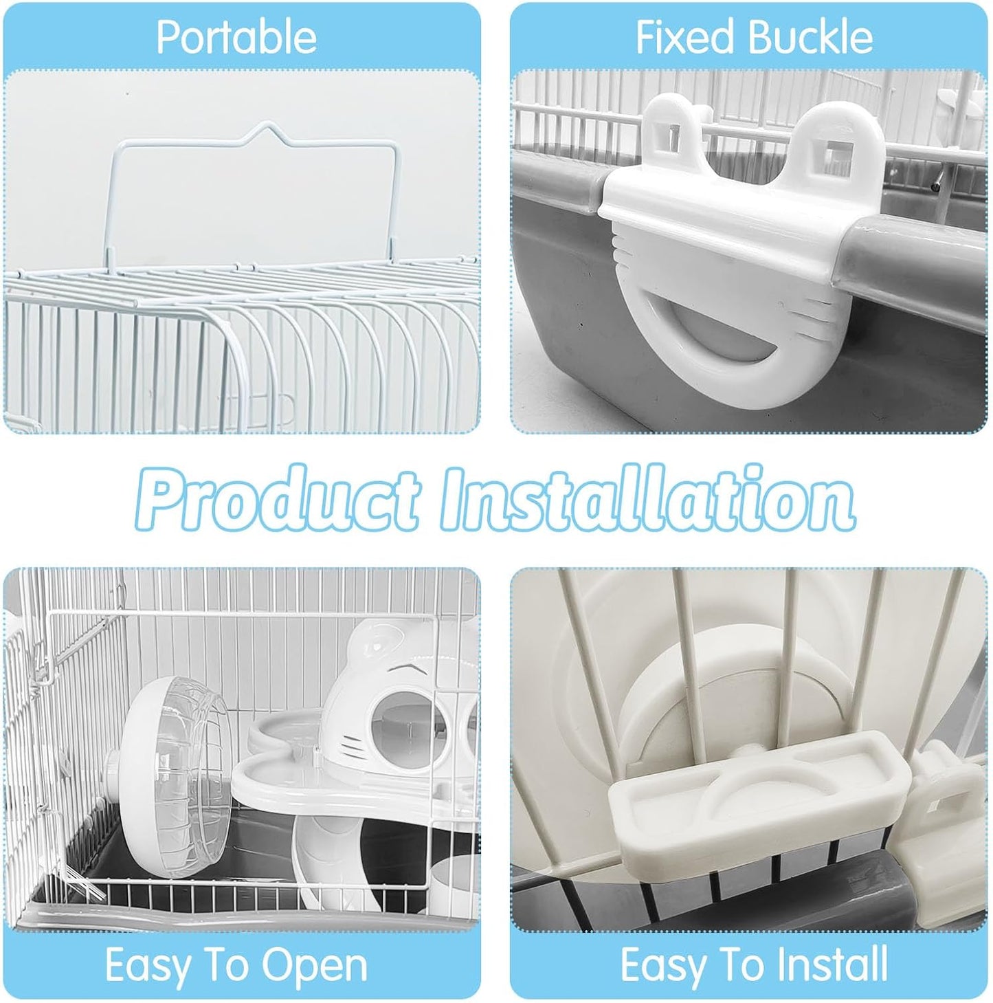 PINVNBY Dwarf Hamster Cage, Small Animal Cages, 2-Tier Travel Portable Mouse Cage Hamster Carrier with Castle House Running Exercise Wheels, Water Bottle and Food Dis（Gray）