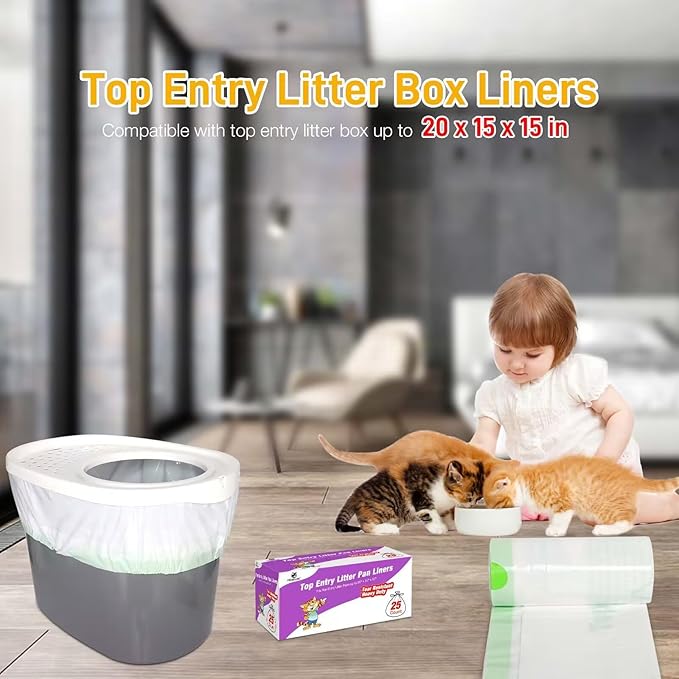 Cat Litter Box Liners Compatible with Top Entry Litter Pans Model, Heavy Duty Tear Resistant Large Litter Pan Liners 25 Count Drawstring Litter Liner Bags