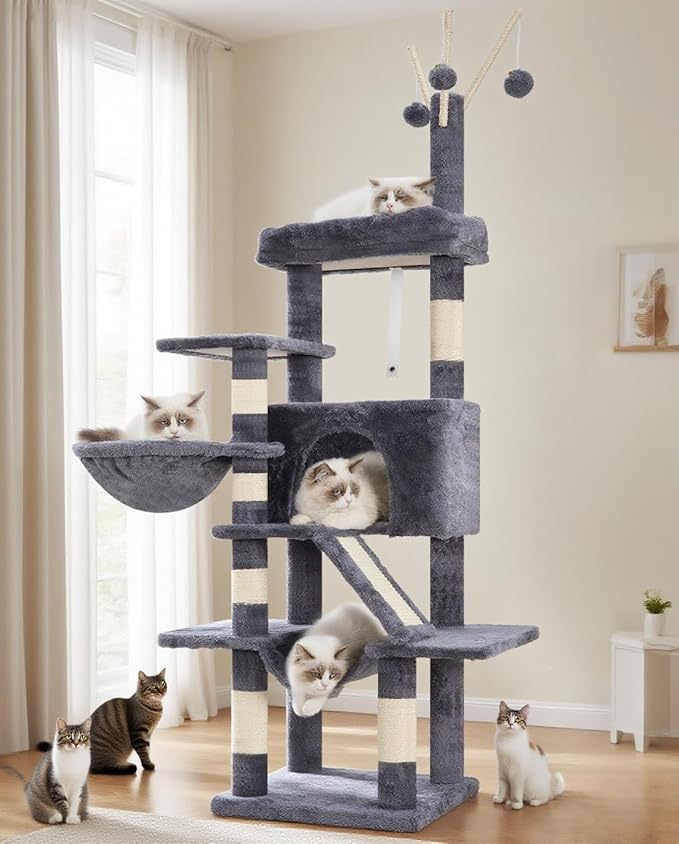 Cat Tree, Multi-Level Cat Tower for Indoor Cats, Cat Condo with Cat Scratching Post and Board, Cat Hammock, Smoky Gray GCT011G