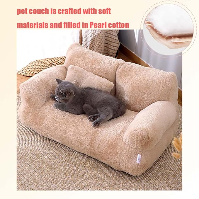 Plush Pet Sofa, Cat Couch Bed for Small Animal Multiple Color Options with Removable and Machine Washable for Indoor (Beige, Large)