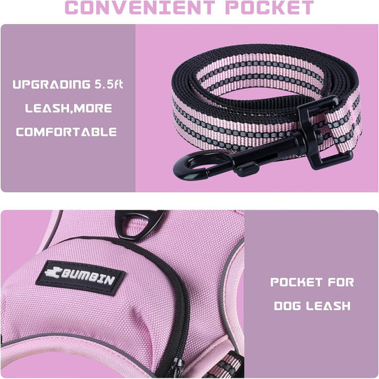 BUMBIN Dog Harness for Large Dogs, No Pull Adjustable No Choke Pet Vest with Dog Leash Fit Smart Reflective Pet Walking Harness for Training Easy Control Soft Handle Pink L