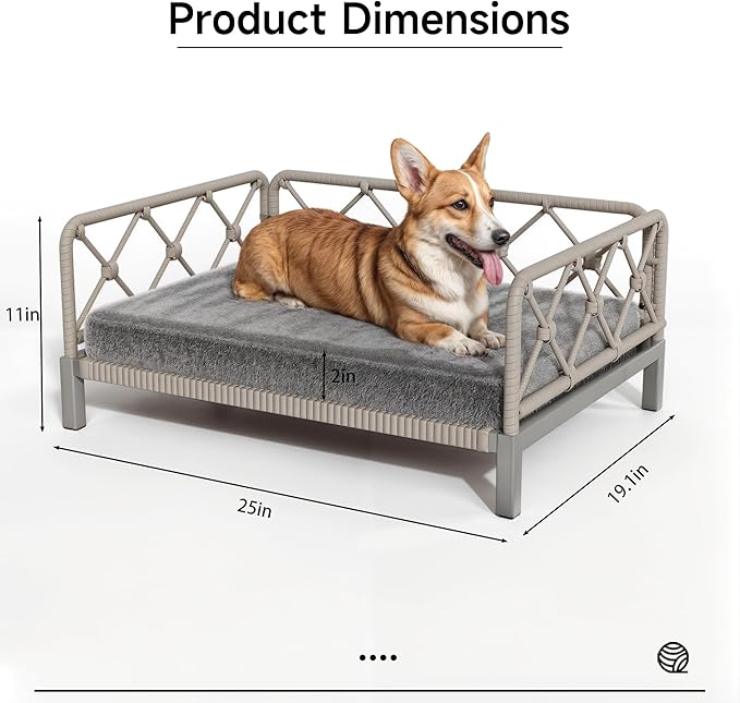 Dog Bed with Cushion, Cooling Elevated Raised Beds with Rattan Breathable Mesh and Universal Mat, Indoor & Outdoor Pet Cots for Small Dog, Grey