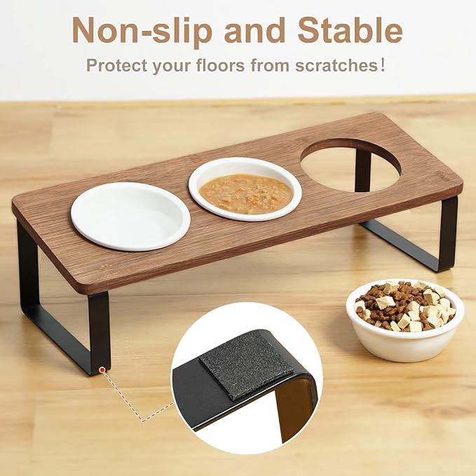 Sunhoo Raised Cat Food Water Bowl Elevated Tilted Kitty Dishes Set of 3 Ceramic Dish for Indoor Cats Orthopedic Pet Food Stand Reduces Vomiting 3 Bowl Cat Feeder Easy Assembly(Brown)