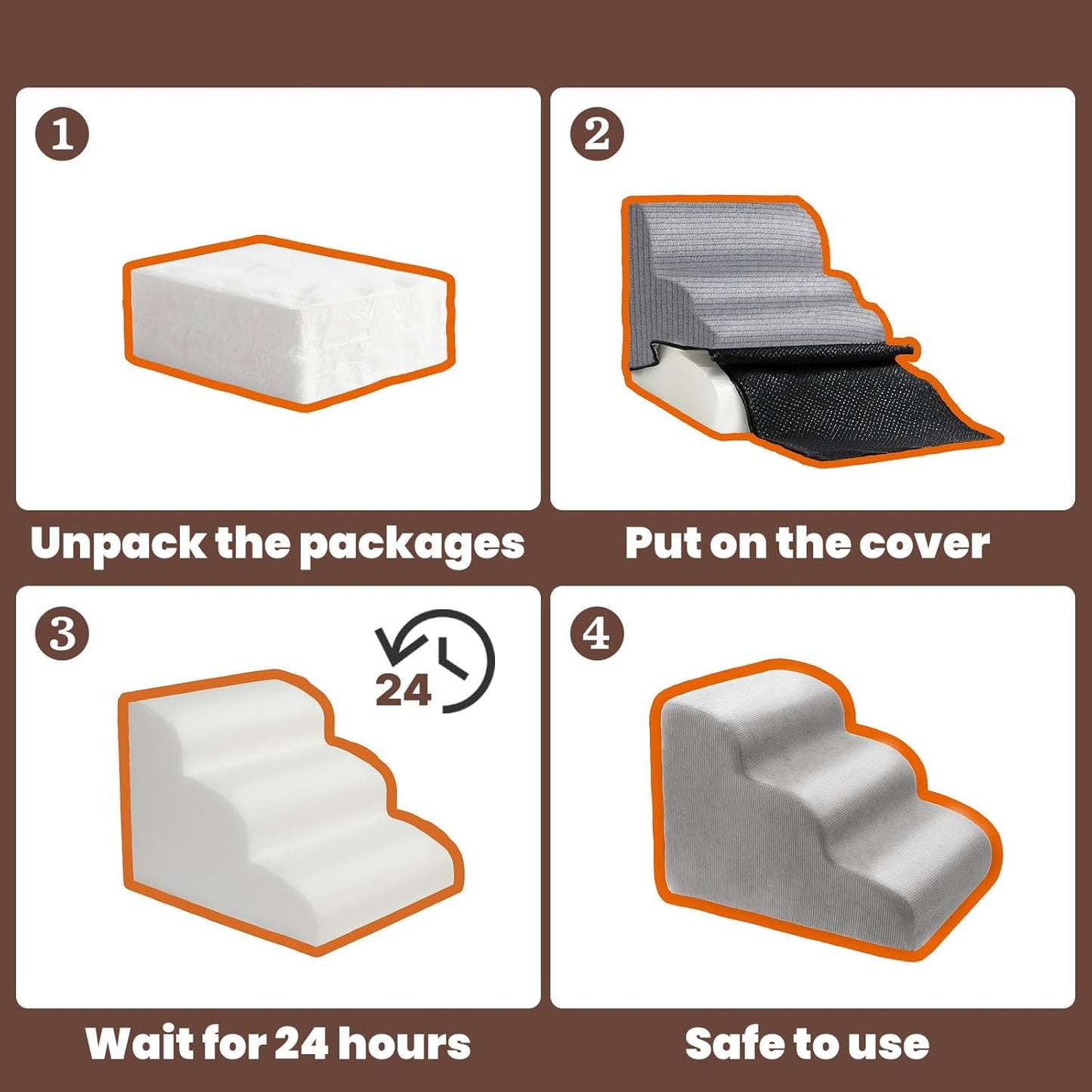 MEWANG Dog Stairs for Small & Medium Dogs and Old Cats –3/4/ 5 Steps High-Density Foam Pet Ramp for Bed & Couch, Non-Slip, Washable Cover, Grey (Round Corner, 5 Steps: 29.92''×22.83''×15.75'', 2)