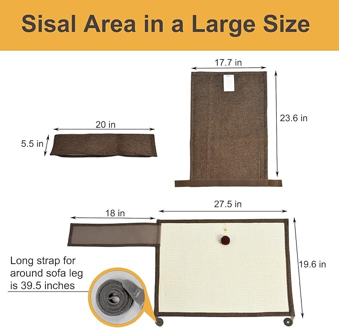Upgraded Cat Scratch Furniture Protector,Cat Scratch Sofa Arm Sheild with 27.6’‘L*19.6’‘W Natural Sisal and Scratch Ball for Protecting Couch Sofa Chair Furniture (Brown/Left Handed)