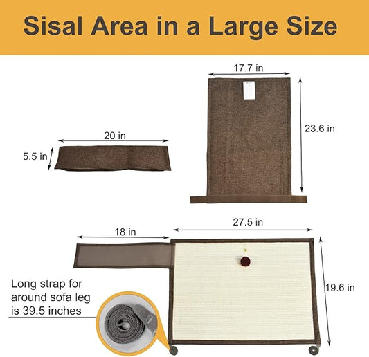 Upgraded Cat Scratch Furniture Protector,Cat Scratch Sofa Arm Sheild with 27.6’‘L*19.6’‘W Natural Sisal and Scratch Ball for Protecting Couch Sofa Chair Furniture (Brown/Left Handed)