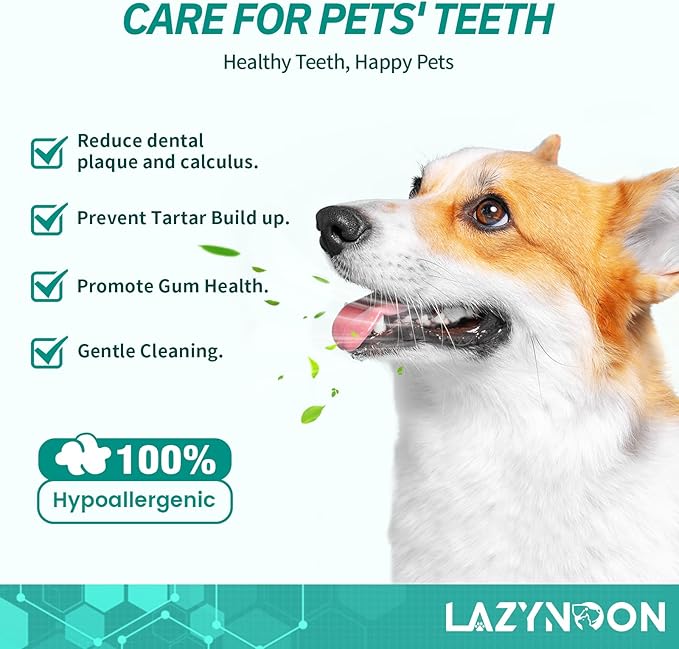 LAZYNOON Dog Teeth Cleaning Wipes - Dog Dental Wipes, Pet Dental Finger Wipes for Dogs & Cats Teeth with Brushing Beads, Removes Plaque and Tartar Buildup, Freshens Breath, 60 Count